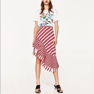 NWT Zara Red and White Asymmetrical Frill Skirt